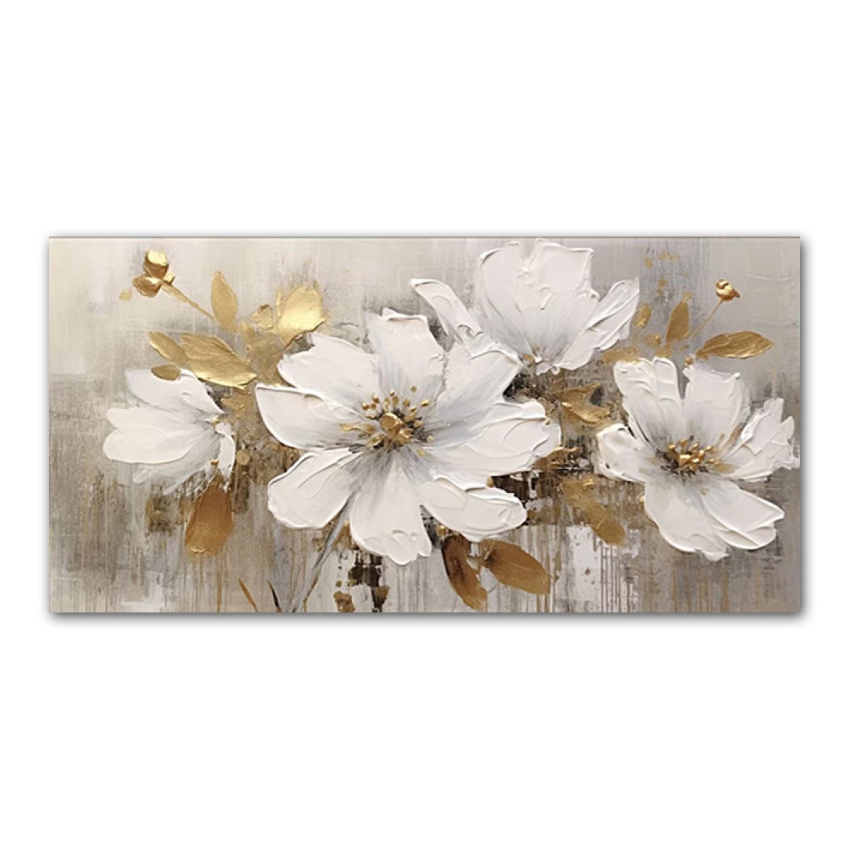 White Flowers with Gold Leaves IV 3d Heavy Textured Partial Oil Painting